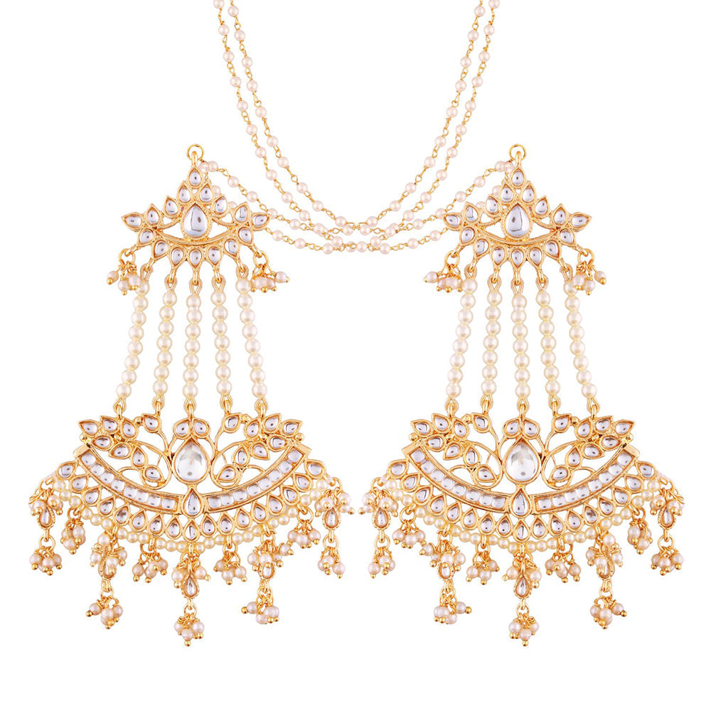 Etnico 18K Gold Plated Intricately Designed Traditional Earrings with Hair Chain Encased With Kundans & Pearls (E2464W)