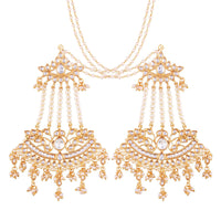 Etnico 18K Gold Plated Intricately Designed Traditional Earrings with Hair Chain Encased With Kundans & Pearls (E2464W)