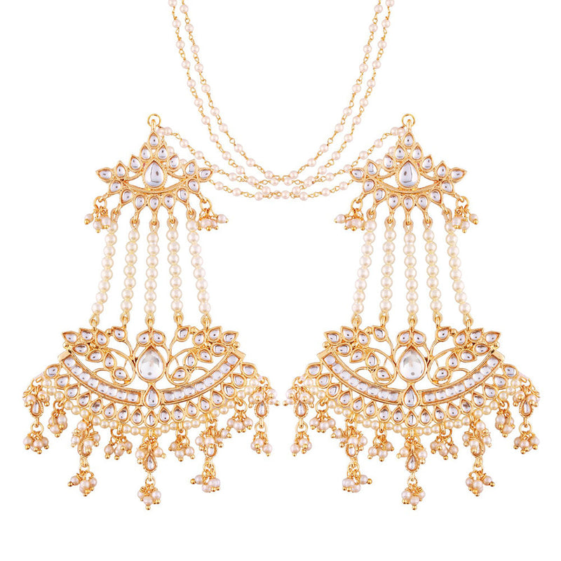 Etnico 18K Gold Plated Intricately Designed Traditional Earrings with Hair Chain Encased With Kundans & Pearls (E2464W)