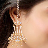 Etnico 18K Gold Plated Intricately Designed Traditional Earrings with Hair Chain Encased With Kundans & Pearls (E2464W)