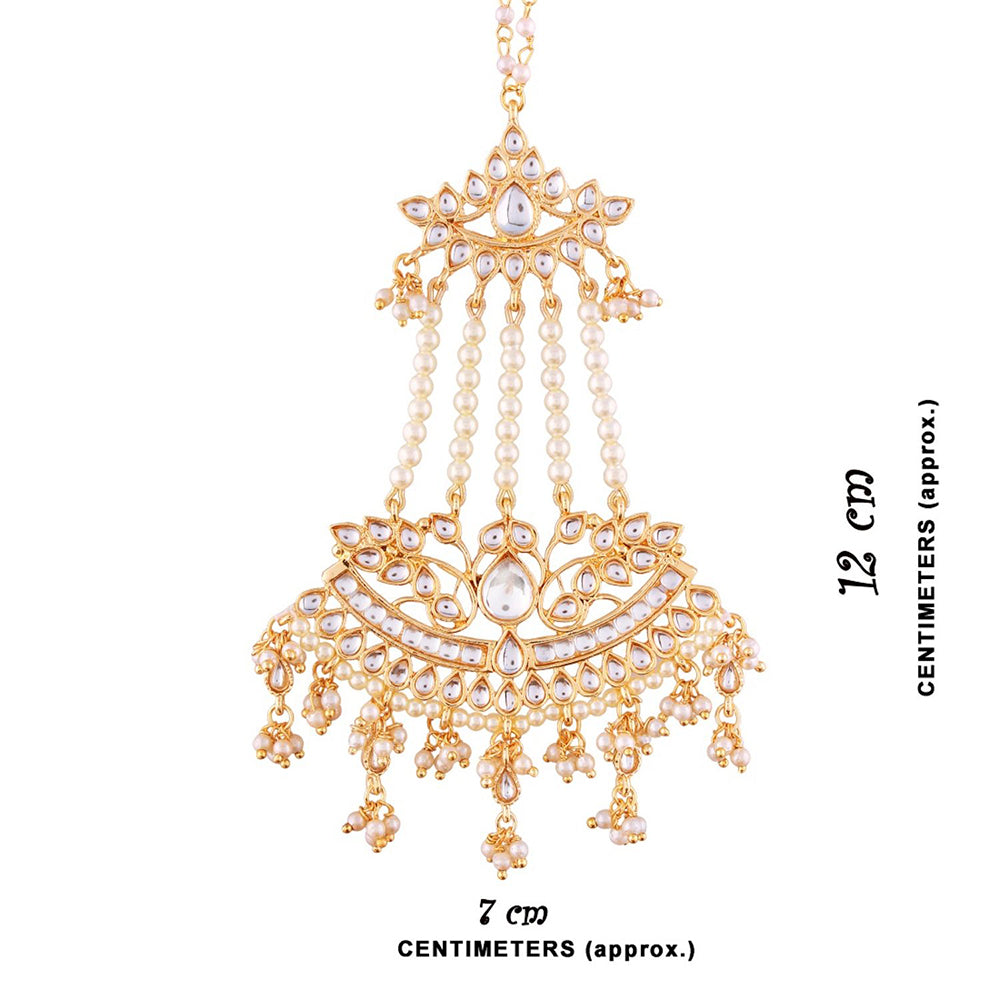 Etnico 18K Gold Plated Intricately Designed Traditional Earrings with Hair Chain Encased With Kundans & Pearls (E2464W)