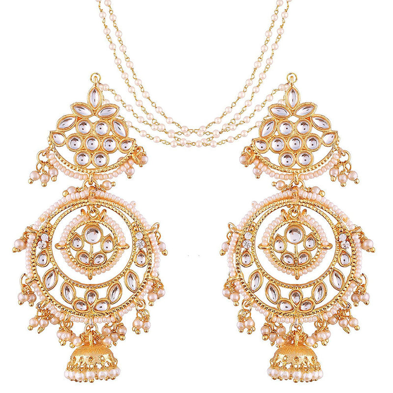 Etnico 18K Gold Plated Intricately Designed Traditional Earrings with Hair Chain Encased With Kundans & Pearls (E2466W)