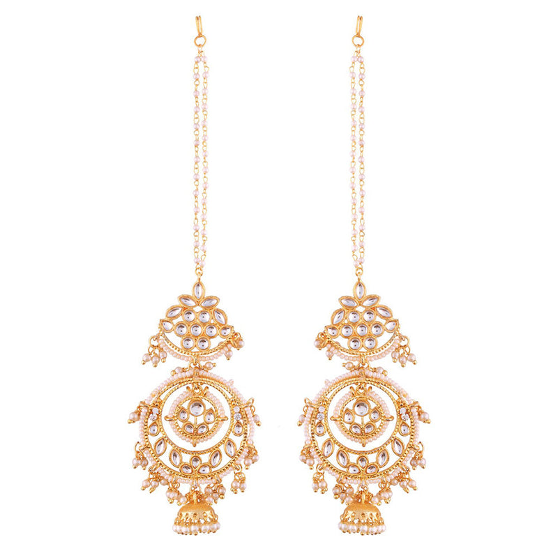 Etnico 18K Gold Plated Intricately Designed Traditional Earrings with Hair Chain Encased With Kundans & Pearls (E2466W)
