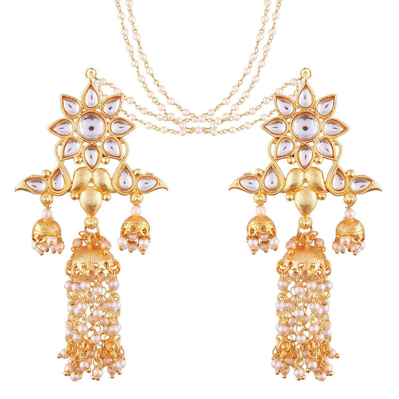 Etnico 18K Gold Plated Intricately Designed Traditional Earrings with Hair Chain Encased With Kundans & Pearls (E2467W)