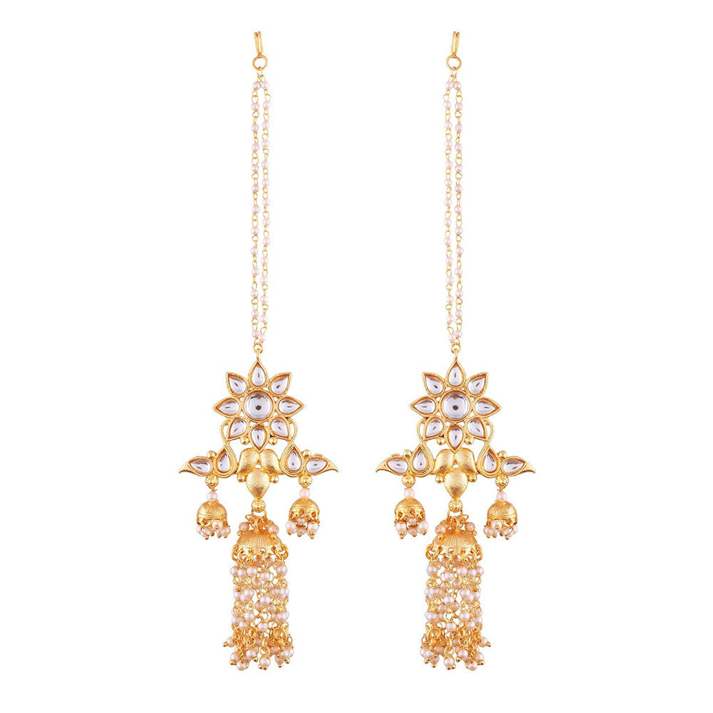 Etnico 18K Gold Plated Intricately Designed Traditional Earrings with Hair Chain Encased With Kundans & Pearls (E2467W)