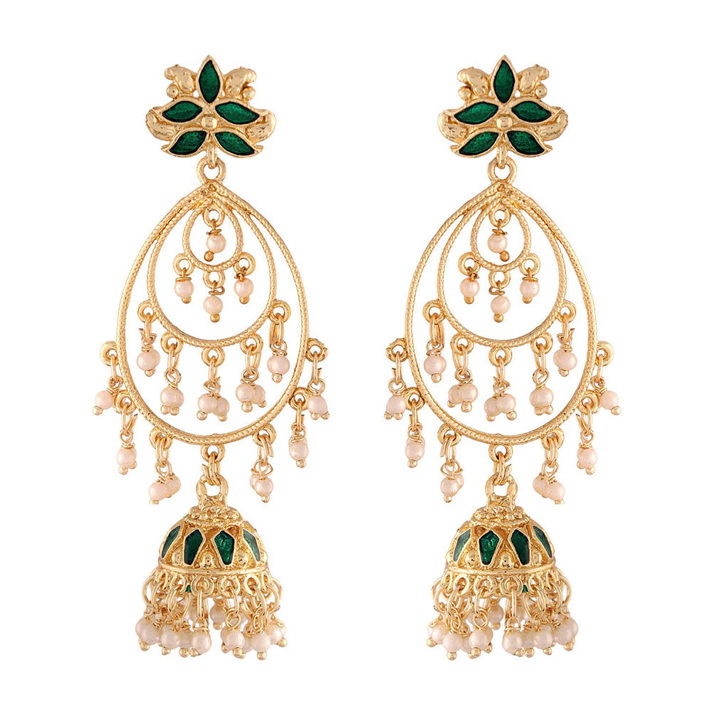 Etnico 18k Gold Plated Traditional Handcrafted Green Meenakari Pearl Studded Dangler Jhumki Earrings for Women (E2471G)