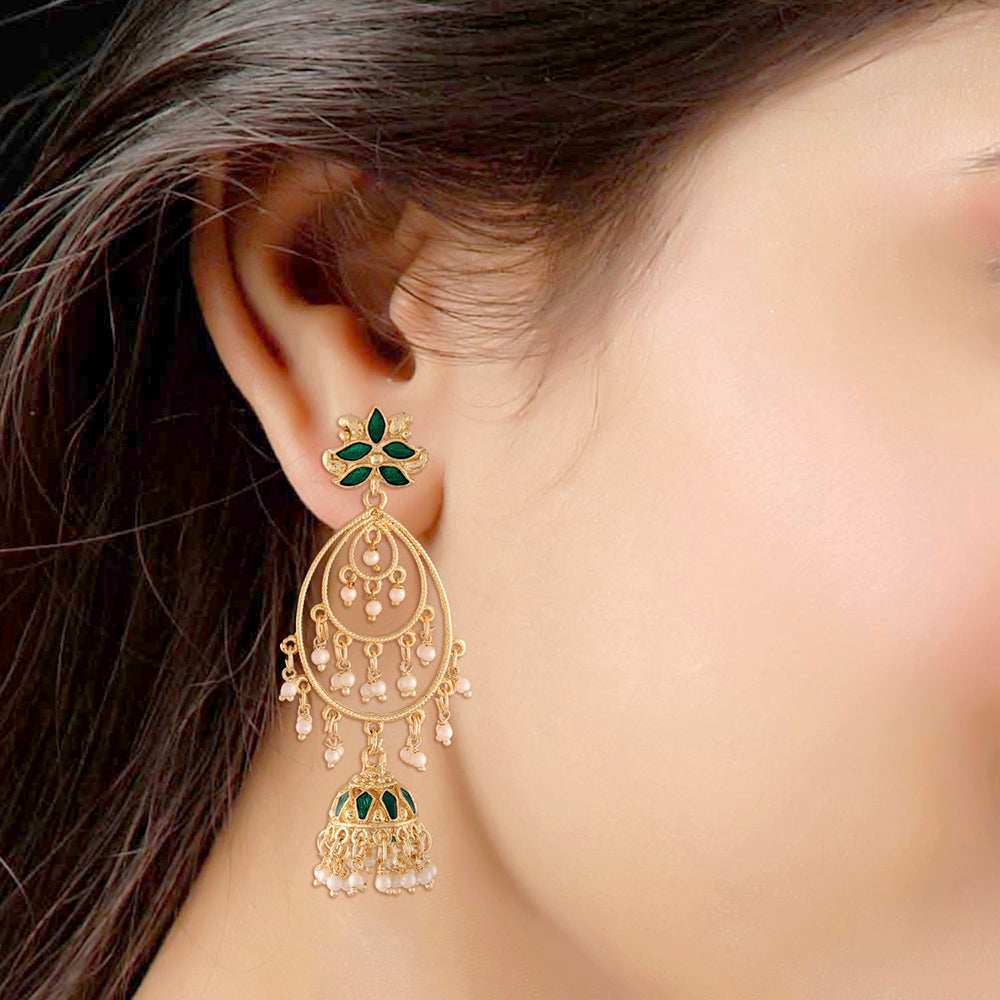 Etnico 18k Gold Plated Traditional Handcrafted Green Meenakari Pearl Studded Dangler Jhumki Earrings for Women (E2471G)