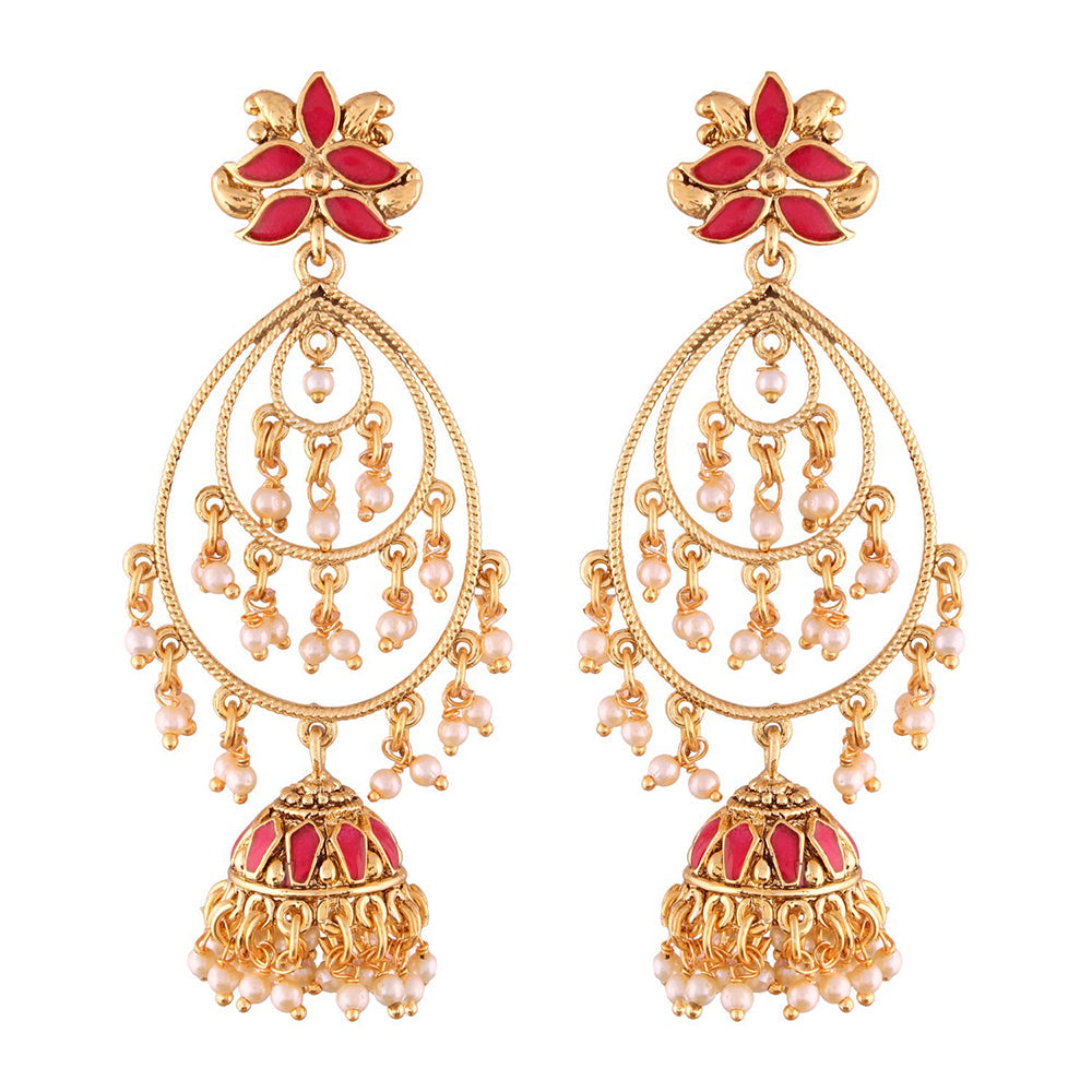 Etnico 18k Gold Plated Traditional Handcrafted Meenakari Pearl Studded Dangle Jhumki Earrings for Women (E2471Q)
