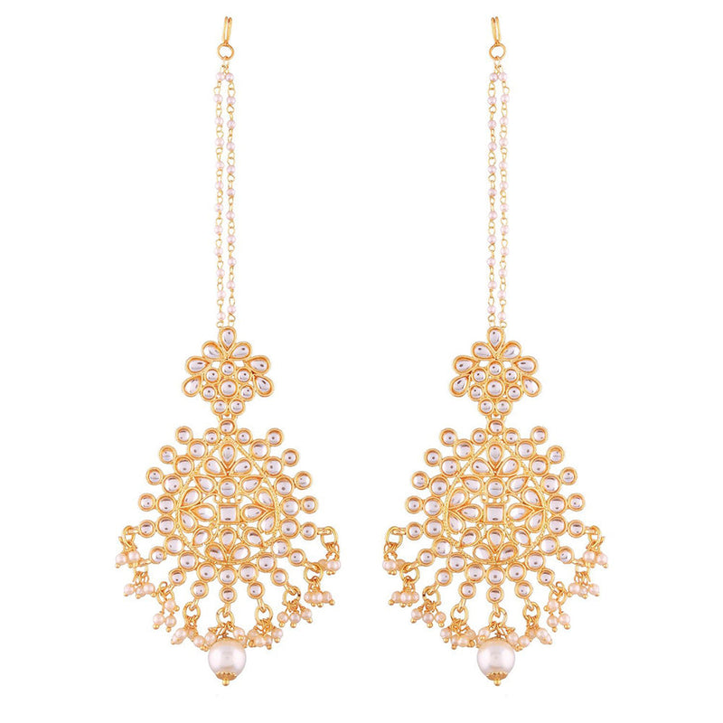 Etnico Traditional Gold Plated Big Earrings Encased With Faux Kundans & Attached With Hair Chain for Women/Girls (E2497W)