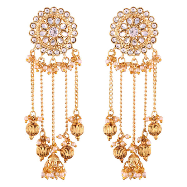 Etnico Gold Plated Bahubali Kundan Pearl Chain Jhumki Earring for Wo