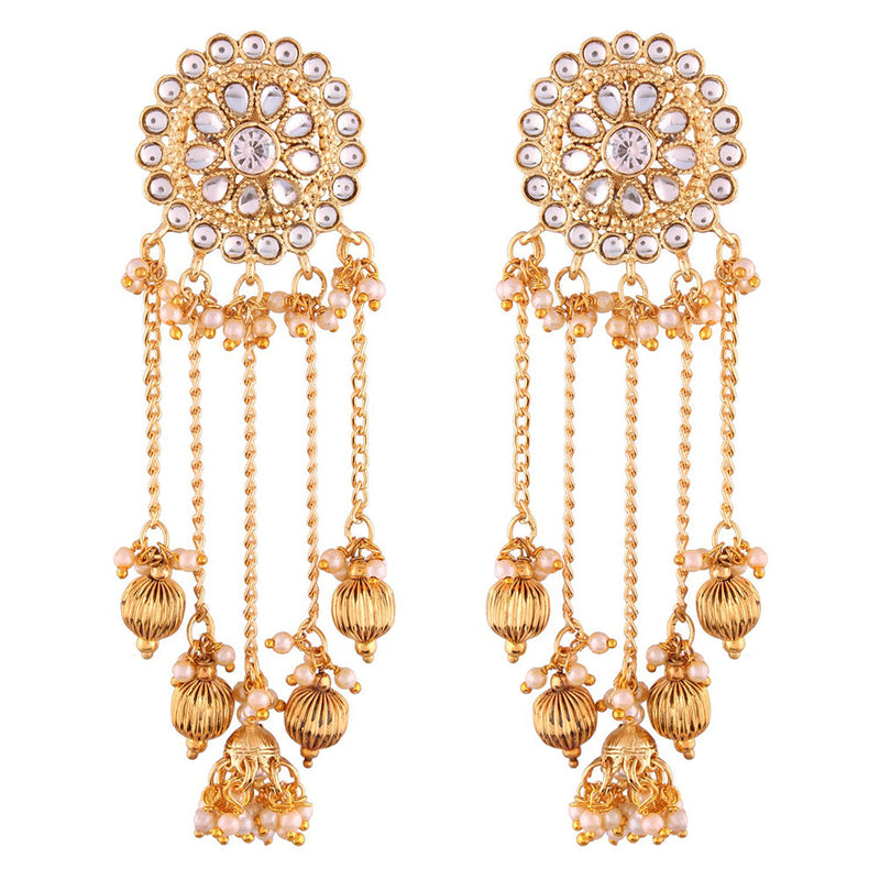 Traditional Gold Plated Floral Design Stud With Three Layered Cream Color  Pearls Hanging Jhumkas Hair Chain Bahubali Earrings
