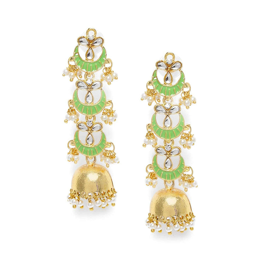 Etnico 18K Gold Plated 3 Layered Long Jhumki Earrings With Mint Enamel Glided With Kundans & Pearls (E2788Min)