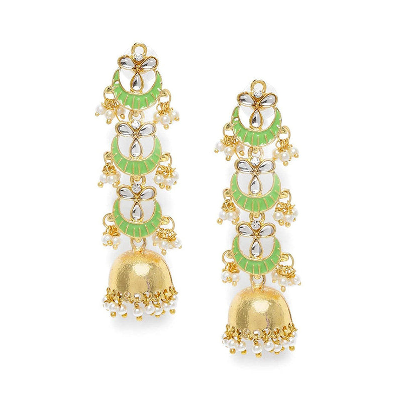 Etnico 18K Gold Plated 3 Layered Long Jhumki Earrings With Mint Enamel Glided With Kundans & Pearls (E2788Min)