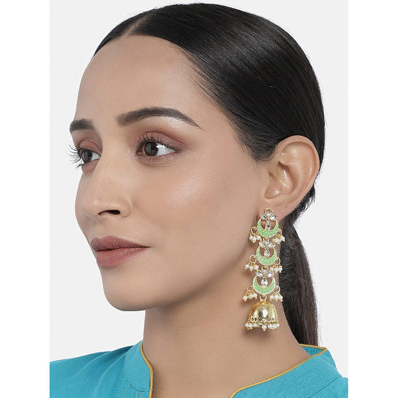 Etnico 18K Gold Plated 3 Layered Long Jhumki Earrings With Mint Enamel Glided With Kundans & Pearls (E2788Min)