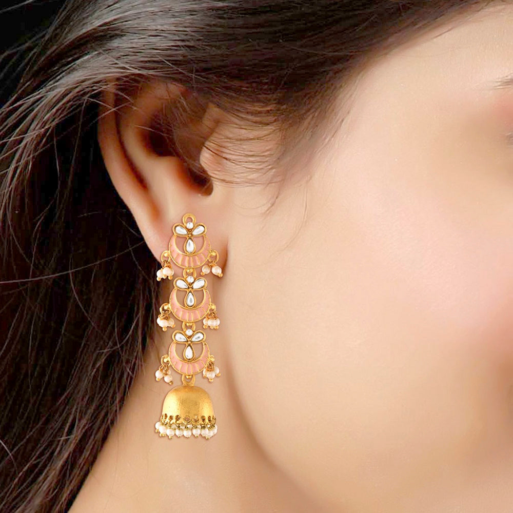 Etnico 18K Gold Plated Traditional Handcrafted Chandbali Earring Glided With Stone & Pearls (E2789)
