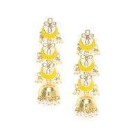 Etnico18K Gold Plated 3 Layered Long Jhumki Earrings With Yellow Enamel Glided With Kundans & Pearls (E2788Y)
