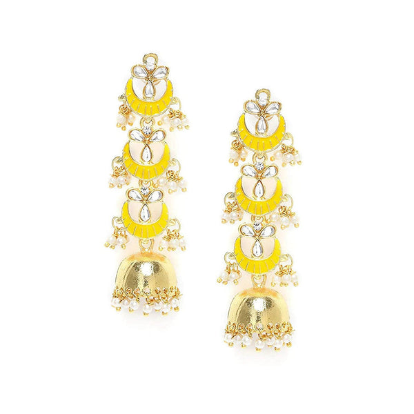 Etnico18K Gold Plated 3 Layered Long Jhumki Earrings With Yellow Enamel Glided With Kundans & Pearls (E2788Y)