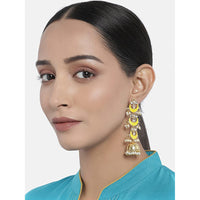 Etnico18K Gold Plated 3 Layered Long Jhumki Earrings With Yellow Enamel Glided With Kundans & Pearls (E2788Y)
