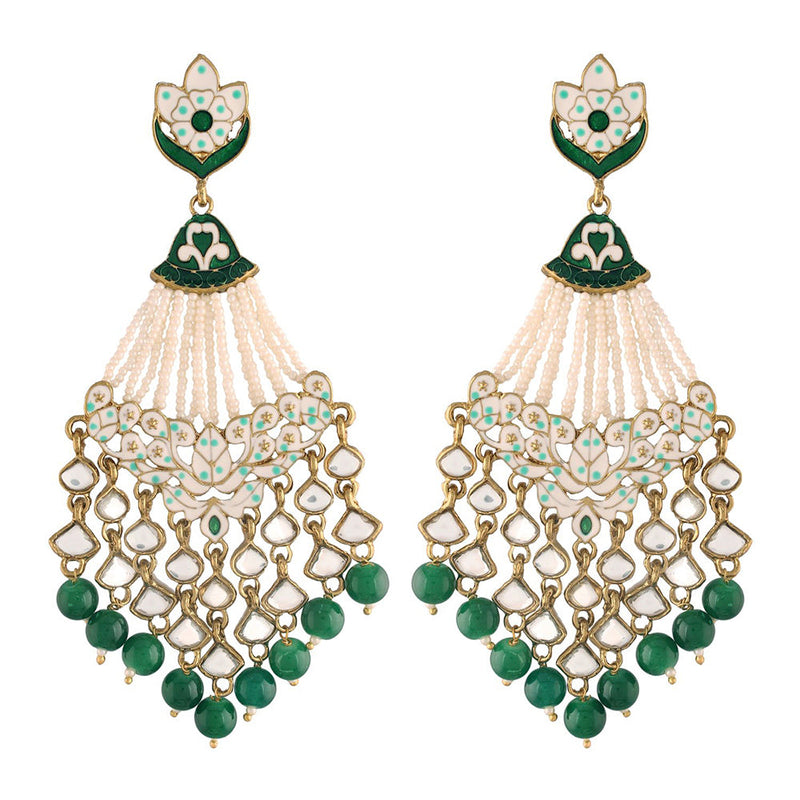 Etnico 18K Gold Plated Traditional Handcrafted Meena Work Earring Glided With Kundan & Pearls (E2792) (Green)