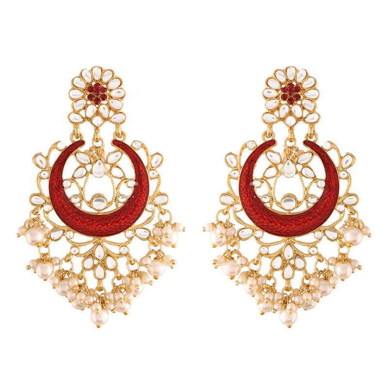 Etnico 18K Gold Plated Traditional Handcrafted Maroon Meena Work Earring Glided With Kundan & Pearls (E2794M)