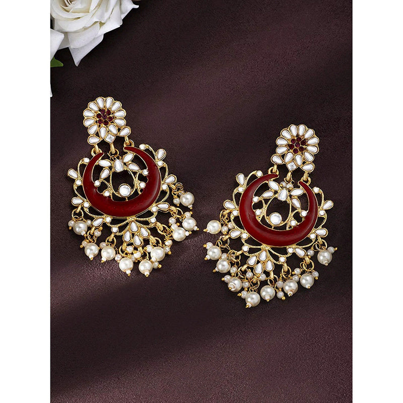 Etnico 18K Gold Plated Traditional Handcrafted Maroon Meena Work Earring Glided With Kundan & Pearls (E2794M)