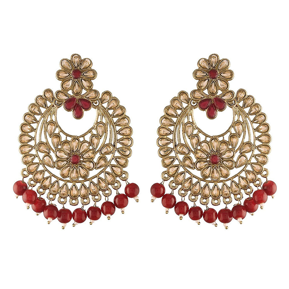 Etnico 18K Gold Plated Traditional Handcrafted Chandbali Earrings Set Encased With Faux Kundan & Pearl For Women/Girls (E2800FLM)