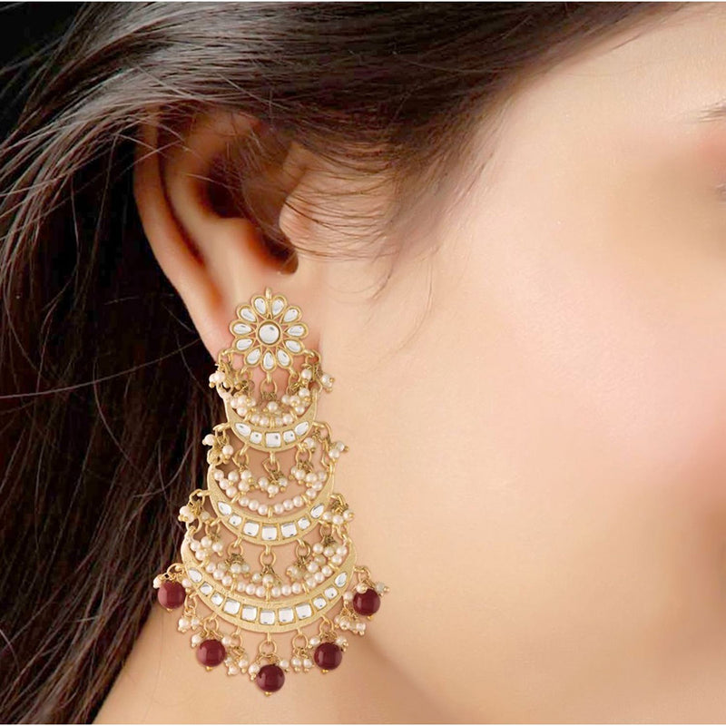 Etnico 18k Gold Plated 3 Layered Beaded Chandbali Earrings with Kundan and Pearl Work for Women (E2859M)