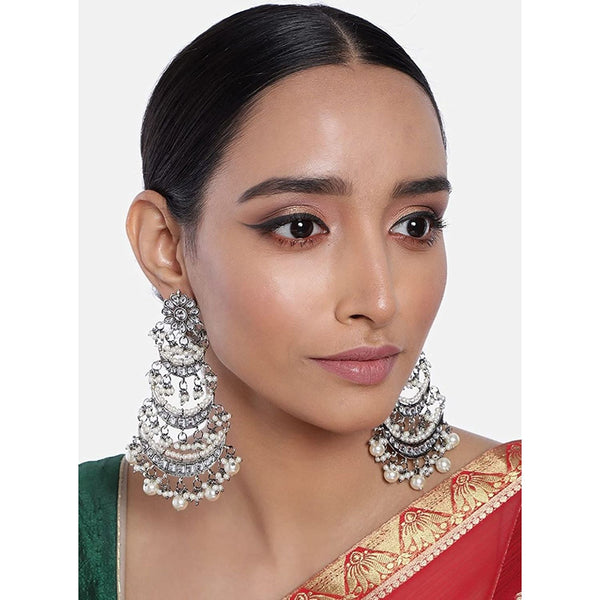 Etnico 18k Silver Oxidised 3 Layered Chandbali Earrings with Kundan and Pearl Work for Women (E2859OX)