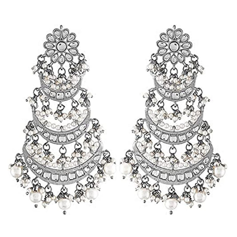 Etnico 18k Silver Oxidised 3 Layered Chandbali Earrings with Kundan and Pearl Work for Women (E2859OX)