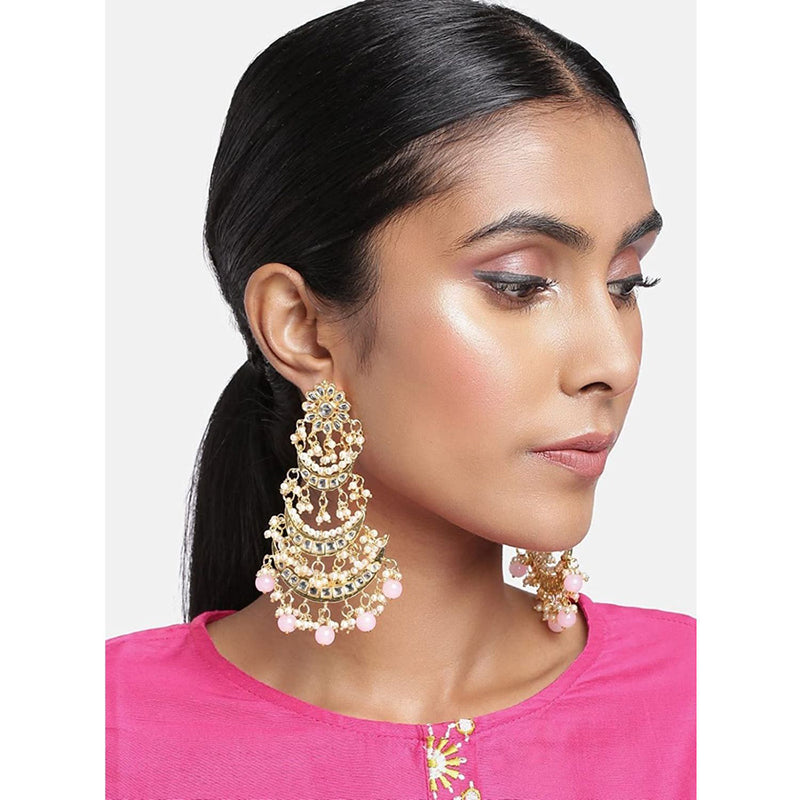 Etnico 18k Gold Plated 3 Layered Beaded Chandbali Earrings with Kundan and Pearl Work for Women (E2859-1) (Pink)