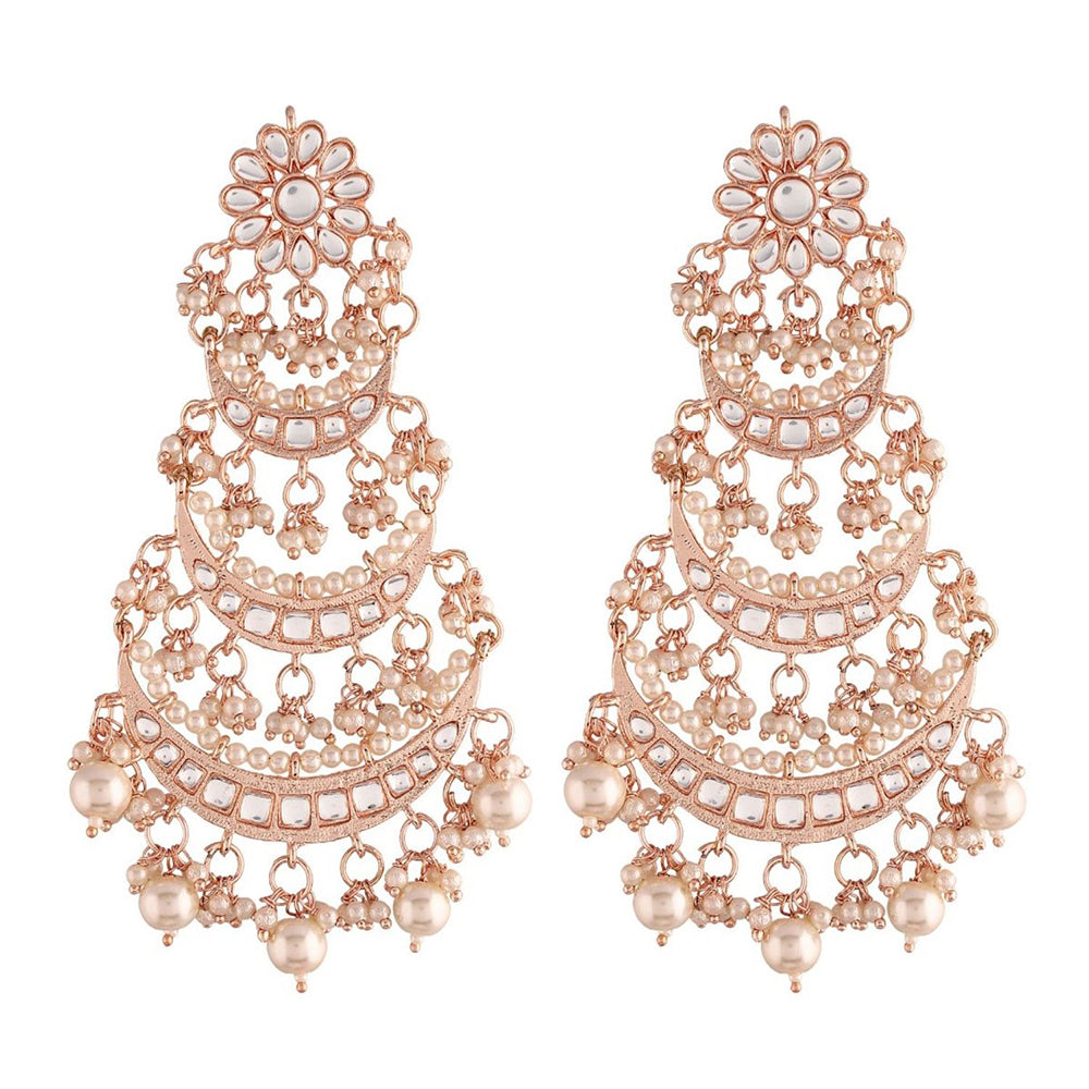 Etnico 18k Rose Gold Plated 3 Layered Beaded Chandbali Earrings with Kundan and Pearl Work for Women (E2859RG)