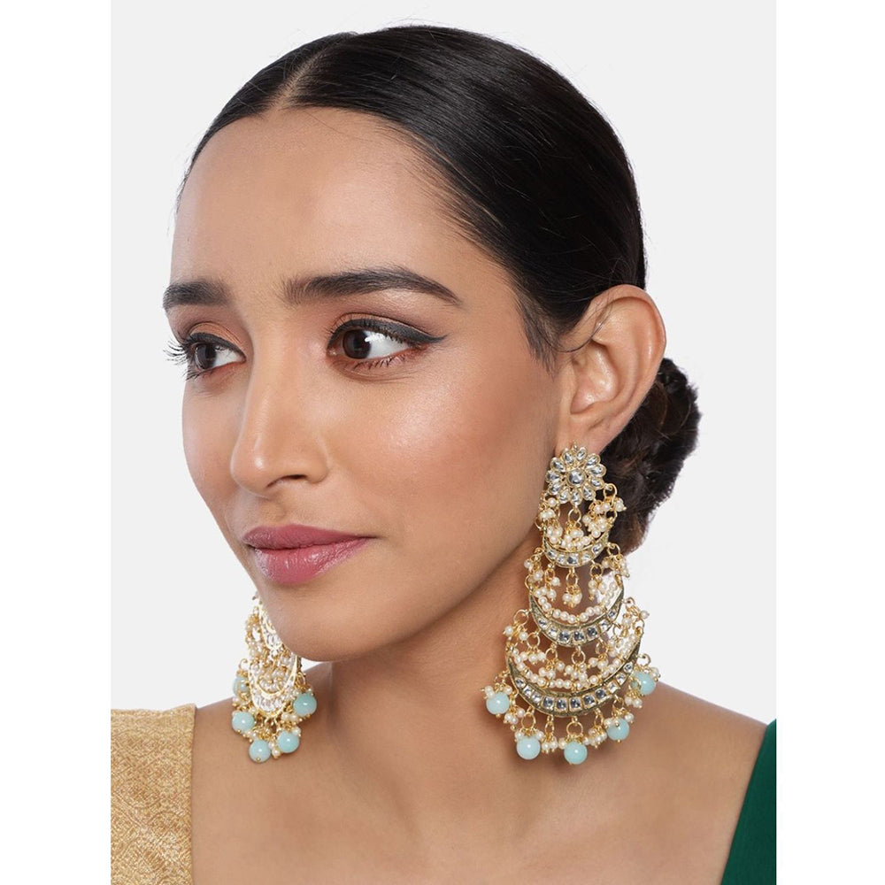 Etnico 18k Gold Plated 3 Layered Beaded Chandbali Earrings with Kundan and Pearl Work for Women (E2859Sb)