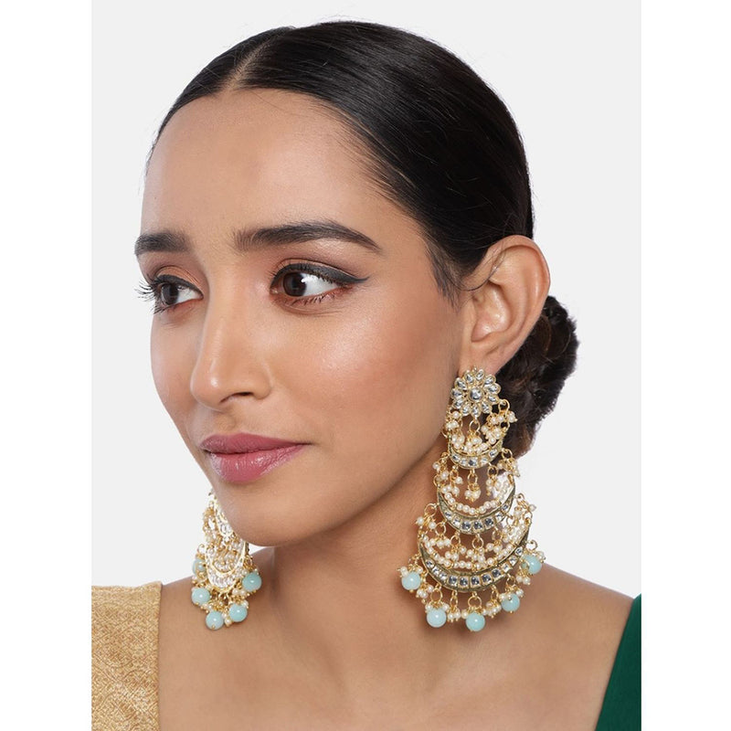 Etnico 18k Gold Plated 3 Layered Beaded Chandbali Earrings with Kundan and Pearl Work for Women (E2859Sb)
