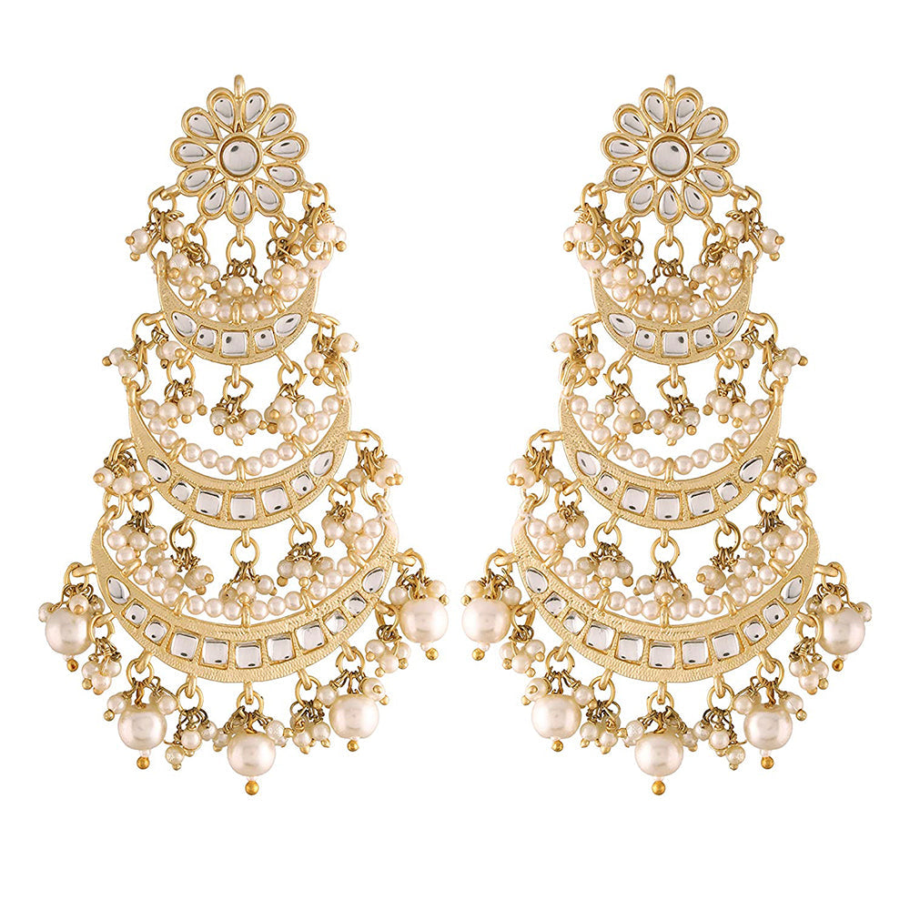 Etnico 18k Gold Plated 3 Layered Beaded Chandbali Earrings with Kundan and Pearl Work for Women (E2859)