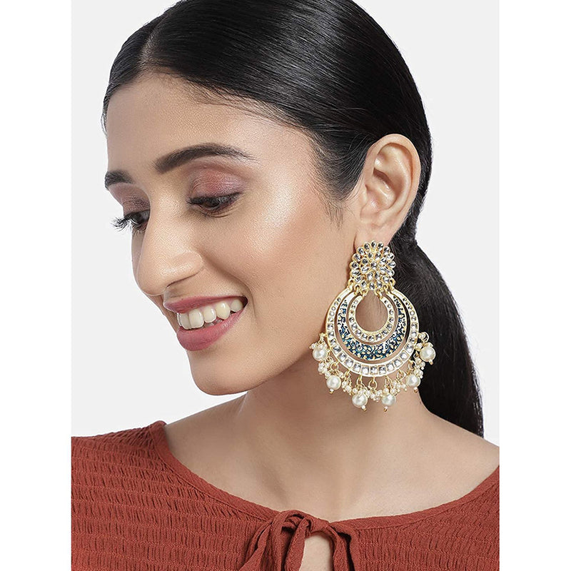 Etnico 18k Gold Plated Enamel/Meenakari Big Chandbali Earrings Glided With Kundan & Pearl for Women (E2860BL)