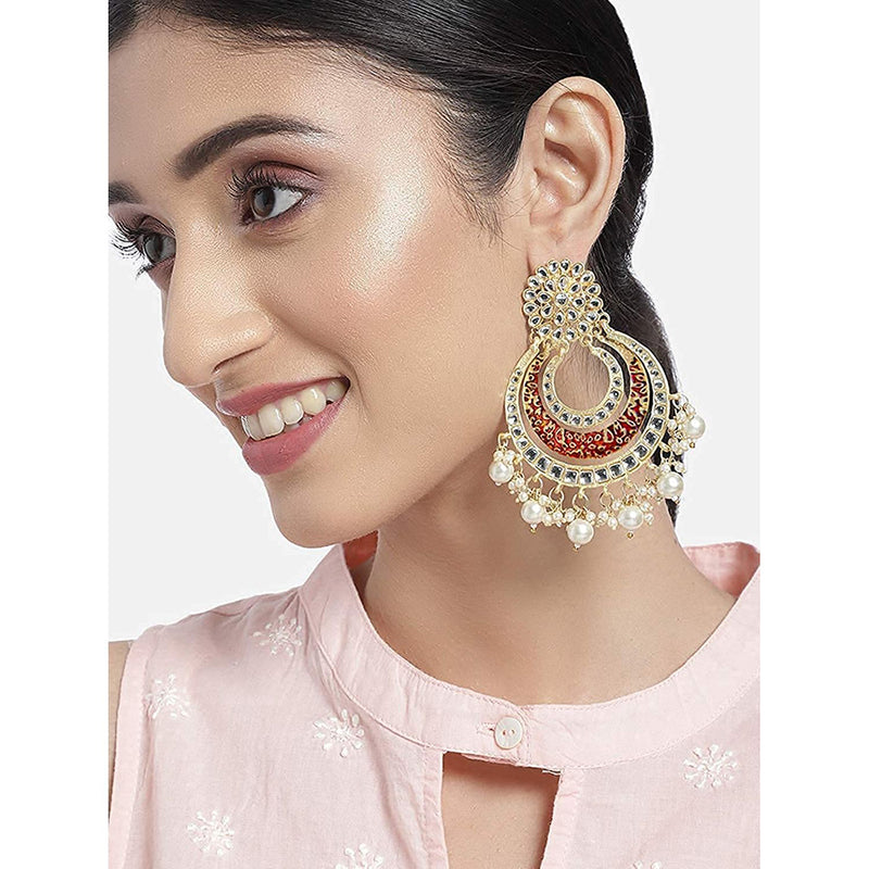 Etnico 18k Gold Plated Enamel/Meenakari Big Chandbali Earrings Glided With Kundan & Pearl for Women (E2860M)