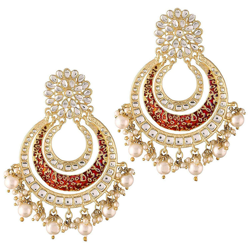 Etnico 18k Gold Plated Enamel/Meenakari Big Chandbali Earrings Glided With Kundan & Pearl for Women (E2860M)