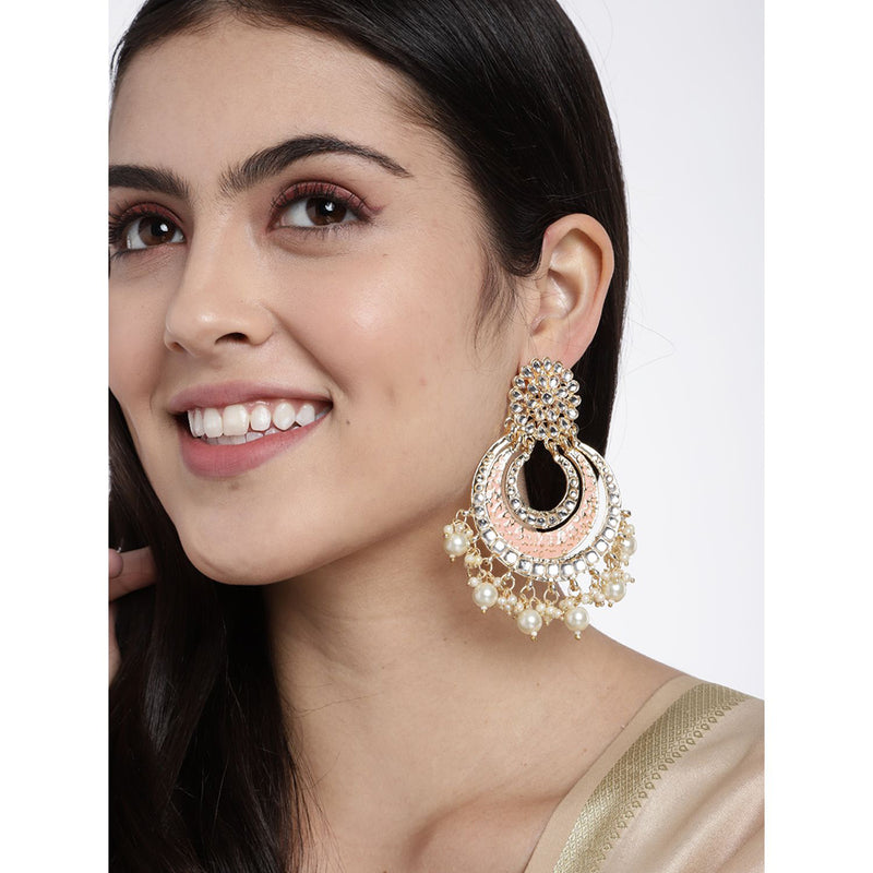 Etnico 18k Gold Plated Enamel/Meenakari Big Chandbali Earrings Glided With Kundan & Pearl for Women (E2860Pe)