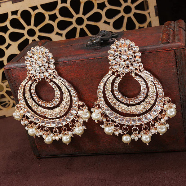 Etnico 18k Rose Gold Plated Big Chandbali Earrings Glided With Kundan & Pearl for Women (E2860RG)