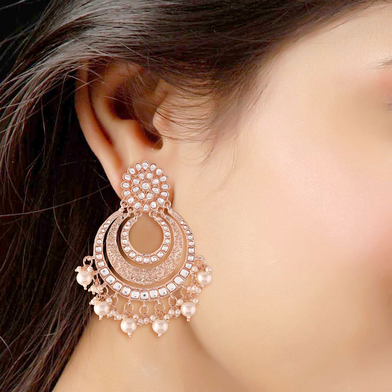 Etnico 18k Rose Gold Plated Big Chandbali Earrings Glided With Kundan & Pearl for Women (E2860RG)