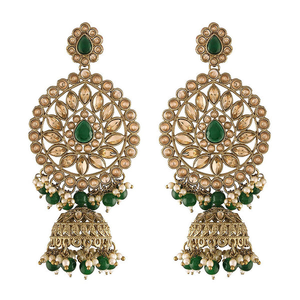 EtnicoWomen's Traditional Gold Plated with Stunning Antique Finish Kundan and Pearl Jhumka Earrings; Green (E2863G)