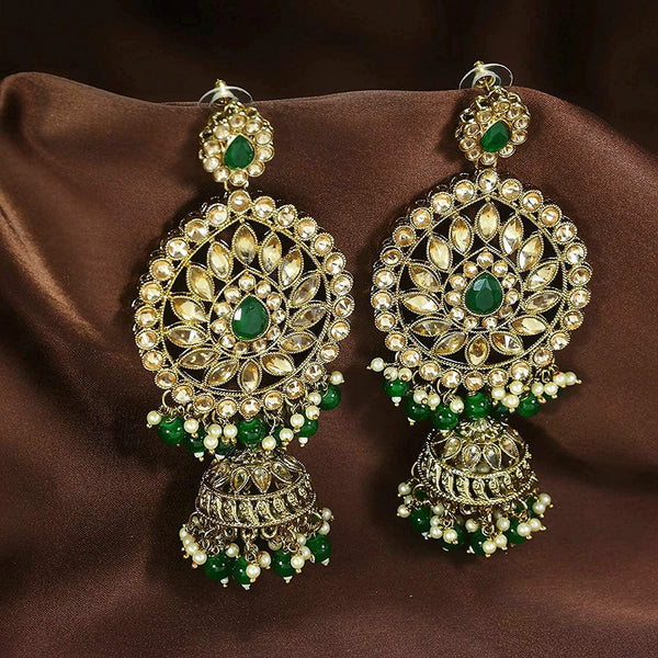 EtnicoWomen's Traditional Gold Plated with Stunning Antique Finish Kundan and Pearl Jhumka Earrings; Green (E2863G)