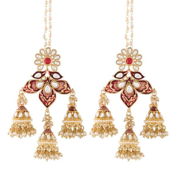Etnico18K Gold Plated Intricately Designed Traditional with Detachable Hair Chain Encased With Kundans & Pearls Jumki Earrings For Women (E2904M)