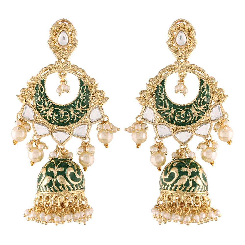 Etnico18K Gold Plated Intricately Designed Traditional Green Enamel Glided With Kundans & Pearls Jumki Earrings For Women (E2905G)