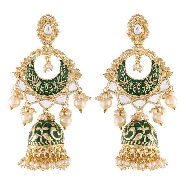 Etnico18K Gold Plated Intricately Designed Traditional Green Enamel Glided With Kundans & Pearls Jumki Earrings For Women (E2905G)