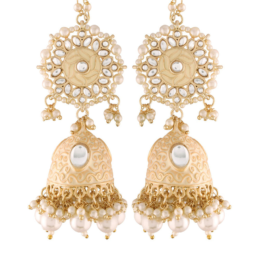 Etnico18K Gold Plated Intricately Designed Traditional with Detachable Hair Chain Encased With Kundans & Pearls Jumka Earrings For Women (E2906W)