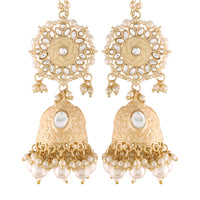 Etnico18K Gold Plated Intricately Designed Traditional with Detachable Hair Chain Encased With Kundans & Pearls Jumka Earrings For Women (E2906W)