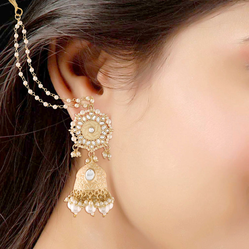 Etnico18K Gold Plated Intricately Designed Traditional with Detachable Hair Chain Encased With Kundans & Pearls Jumka Earrings For Women (E2906W)