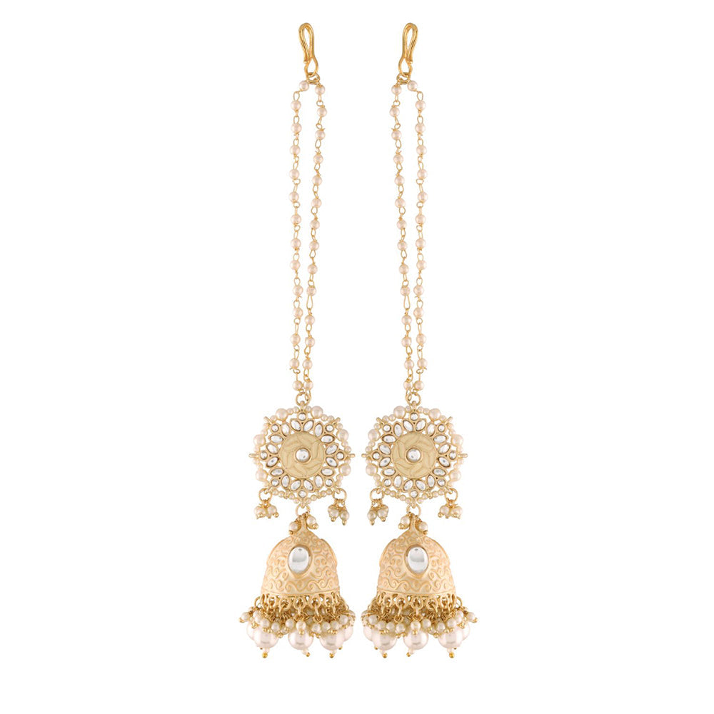 Etnico18K Gold Plated Intricately Designed Traditional with Detachable Hair Chain Encased With Kundans & Pearls Jumka Earrings For Women (E2906W)