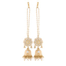 Etnico18K Gold Plated Intricately Designed Traditional with Detachable Hair Chain Encased With Kundans & Pearls Jumka Earrings For Women (E2906W)